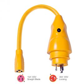 Marinco P30-15 EEL 15A-125V Female to 30A-125V Male Pigtail Adapter - Yellow